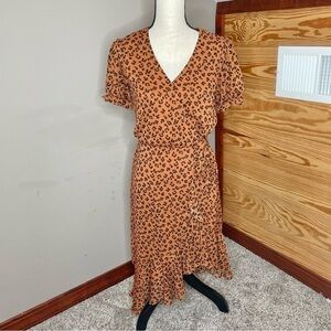 City Vibe Burnt Orange Copper Leopard Print Ruffle Hem V-Neck Wrap Midi Dress 7